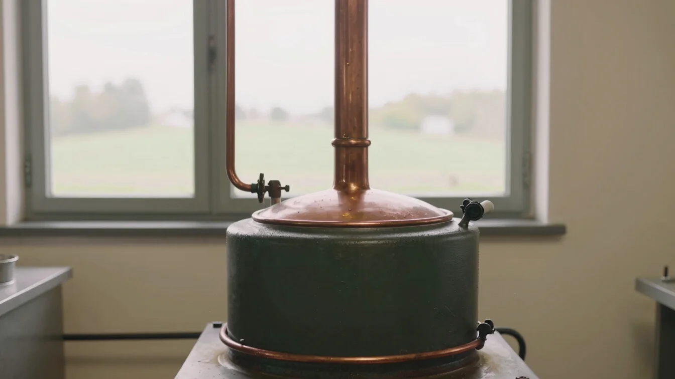 Editorial photograph of a brewing kettle and copper tubing in a s