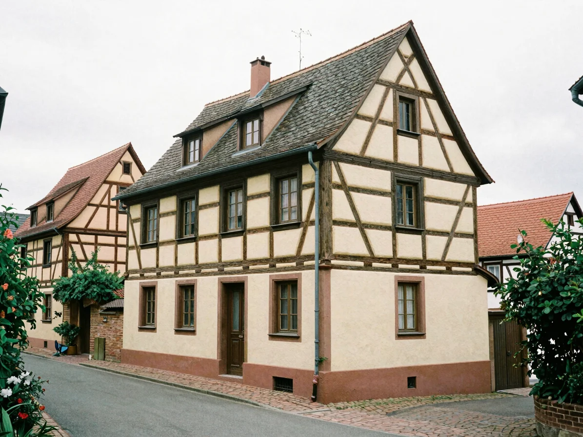 Editorial 35mm photograph of a half-timbered Alsatian house with oak framing and cream infill, soft overcast daylight, w