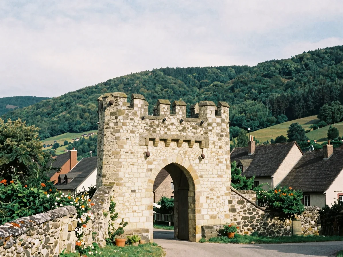 Editorial 35mm photograph of a stone village gate and defensive tower at the edge of a Vosges foothill village, soft win