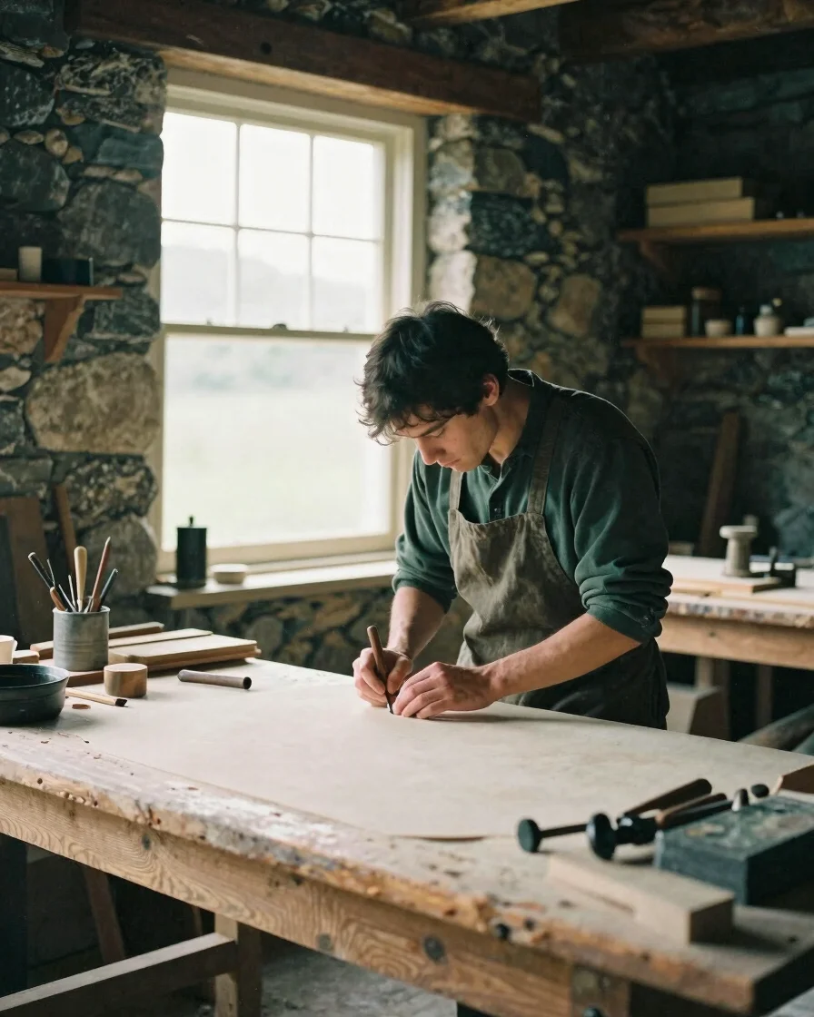 Editorial 35mm portrait-framed photograph of a craftsperson at wo