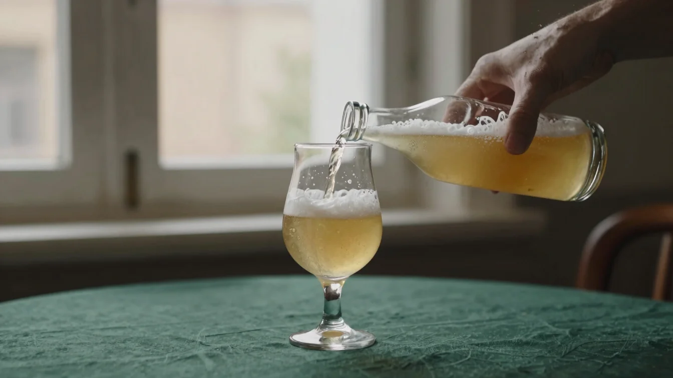 Close editorial photograph of a pale beer being poured into a tul