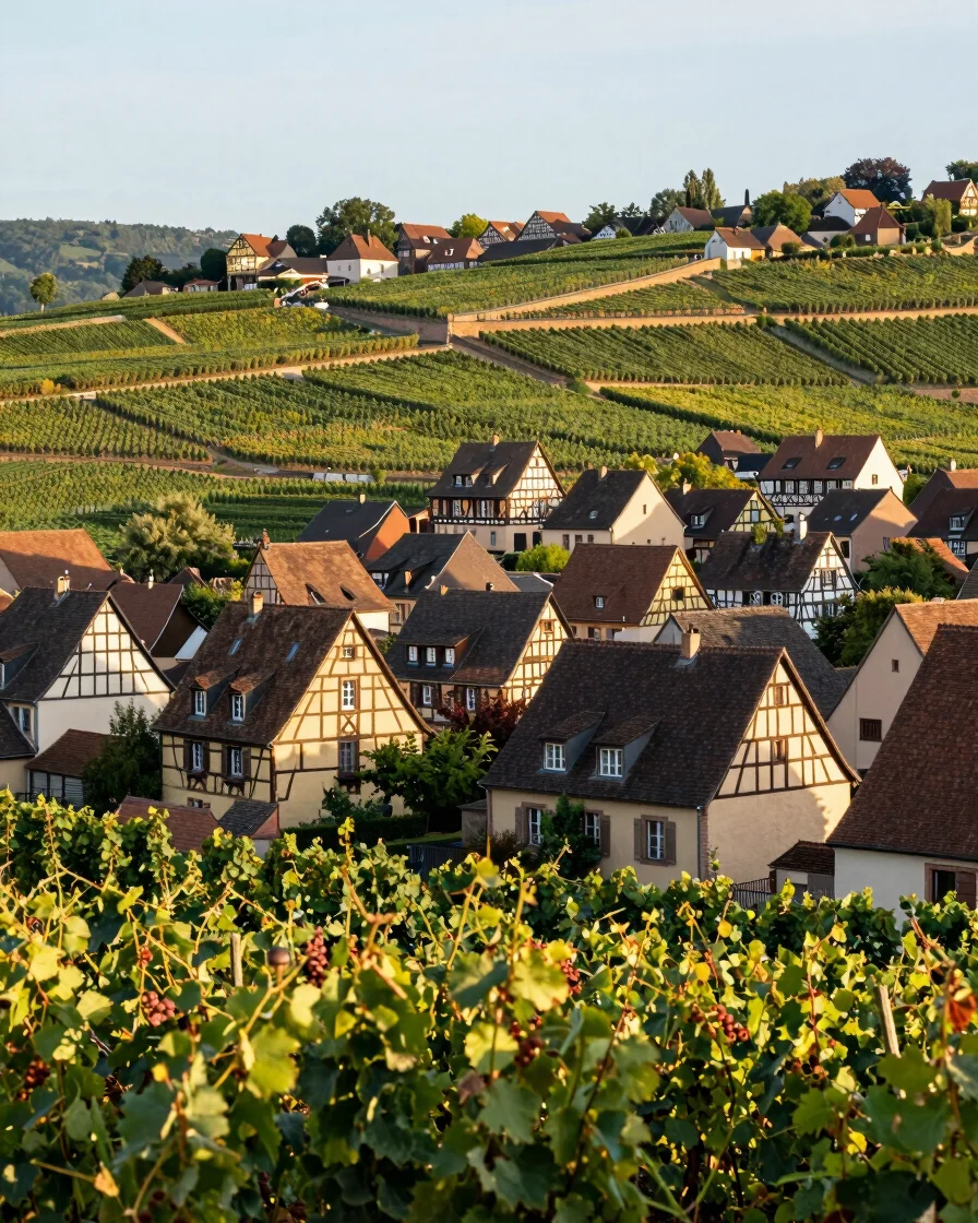 Wide environmental photograph of vineyards and half-timbered vill