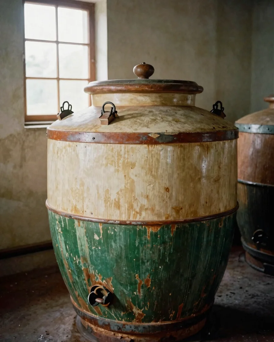 Editorial photograph of a weathered oak fermentation vessel in a