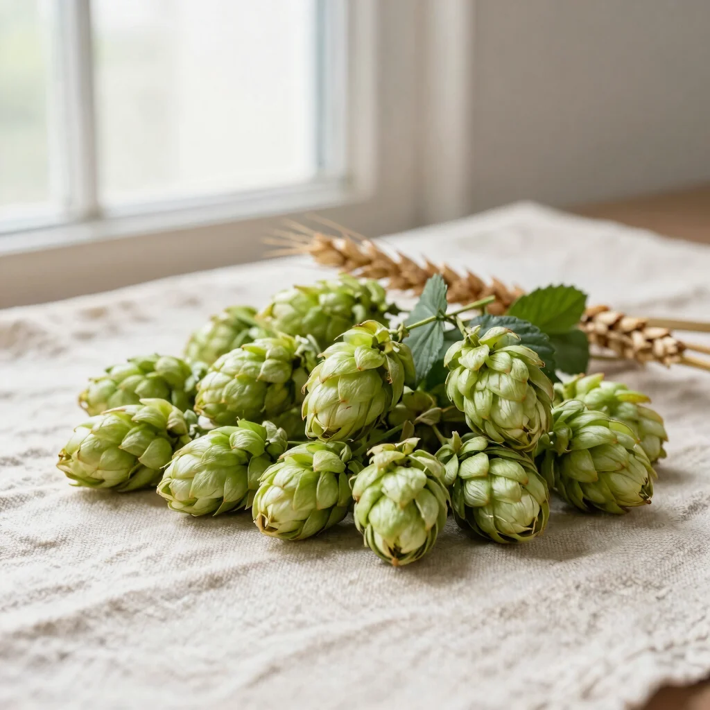 Close editorial photograph of green hop cones and pale malted bar