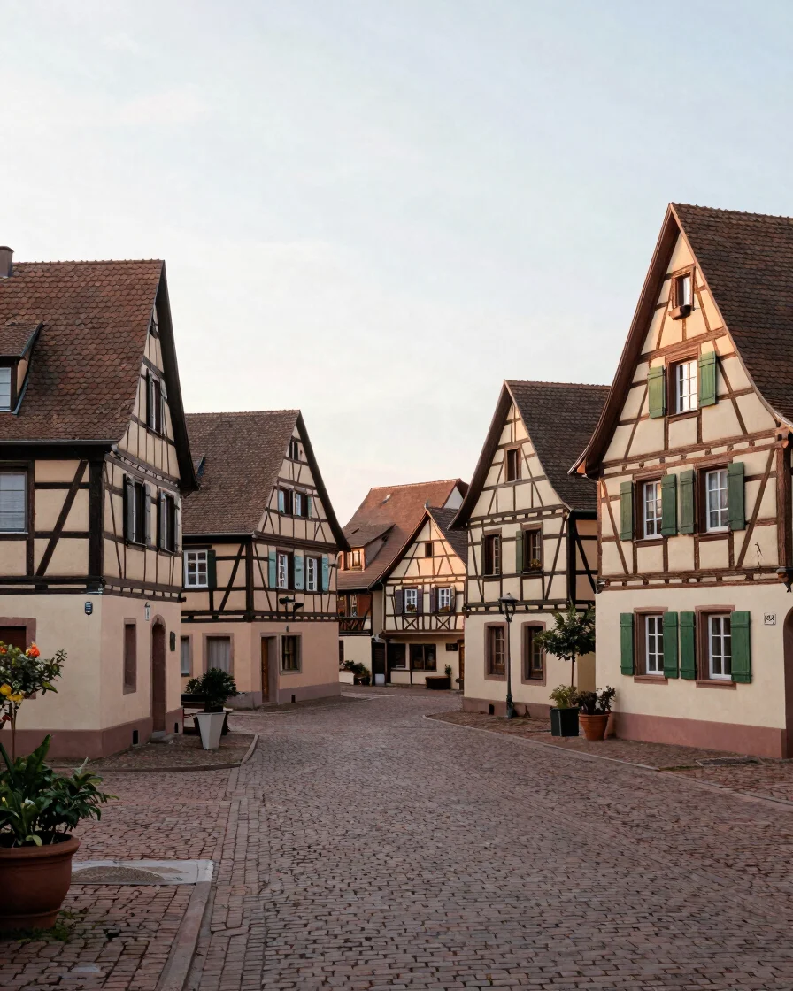 Wide editorial photograph of a small Alsatian village square at d