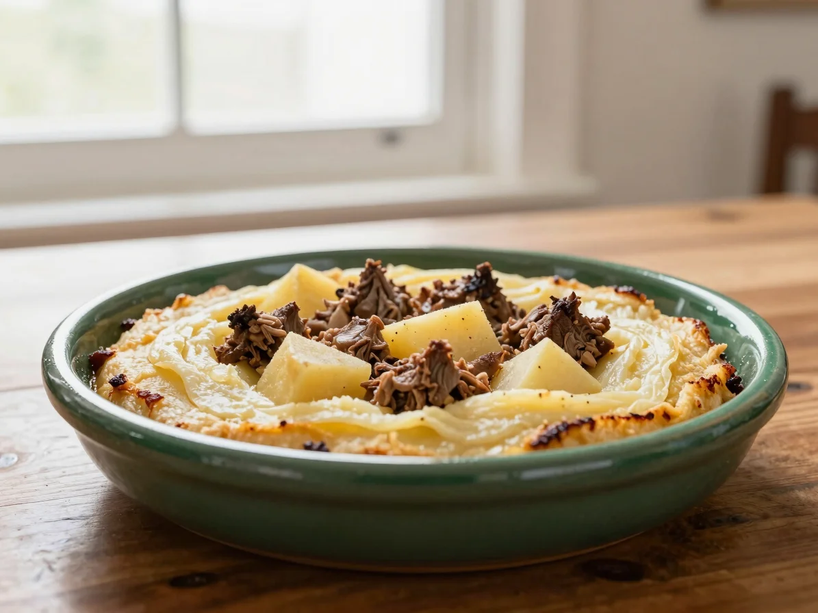 Editorial food photography of a traditional earthenware baeckeoff