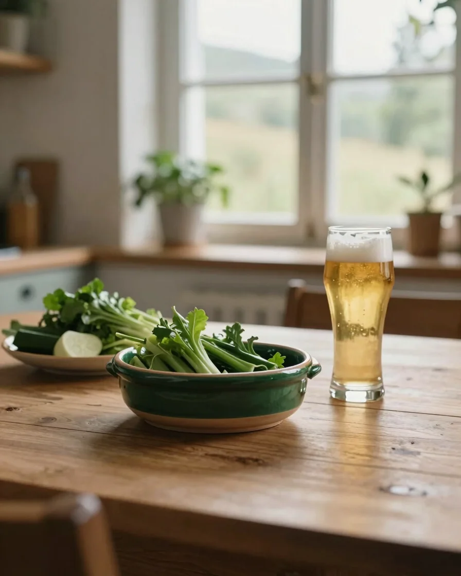 Editorial food photography, soft window daylight: a wooden table